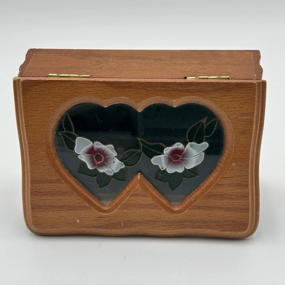 Vintage Wood Wooden Trinket Jewelry Box W/ Flower Blossom Design